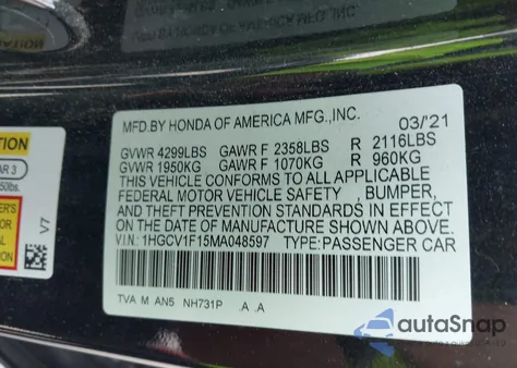 2021 Honda Accord Lx из США, поврежденный, VIN 1HGCV1F15MA048597